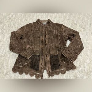 Flashback vintage Brown Embroidered Crochet-Trim Blazer